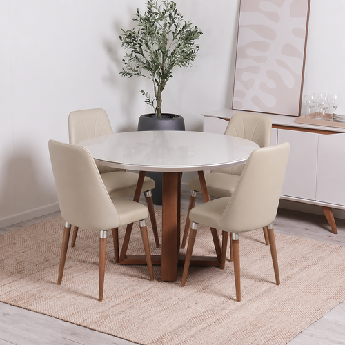 Conjunto de Jantar Mesa Redonda com Vidro Bennett 4 Cadeiras Lara - Off White c/ PU Off White
