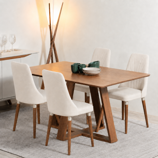 Conjunto de Jantar Mesa Retangular Avena 4 Cadeiras Lara - Canella c/ Linho Off White