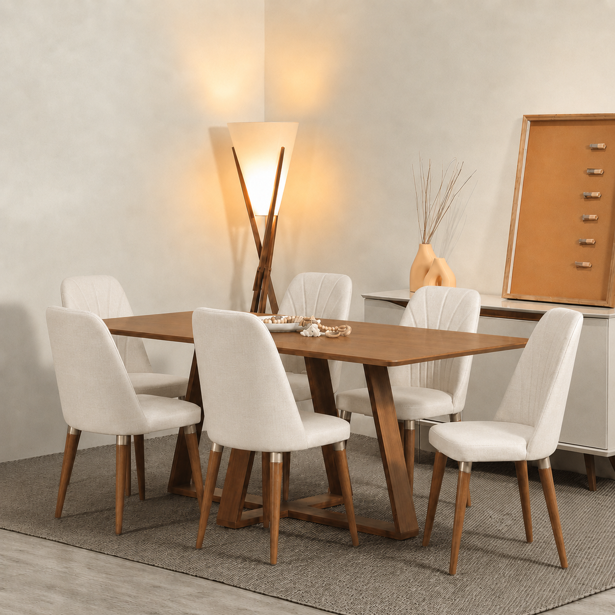 Conjunto de Jantar Mesa Retangular Avena 6 Cadeiras Lara - Canella c/ Linho Off White