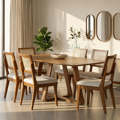 Conjunto de Jantar Mesa Retangular Avena 6 Cadeiras Saga Canella c/ Linho Mescla Cru