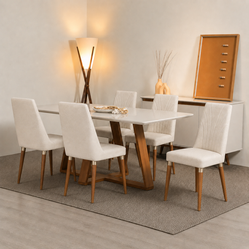 Conjunto de Jantar Mesa Retangular com Vidro Avena 6 Cadeiras Lara