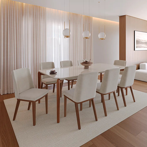 Conjunto de Jantar Mesa Retangular com Vidro Donatella 8 Cadeiras Kalina - Natural c/ Palha