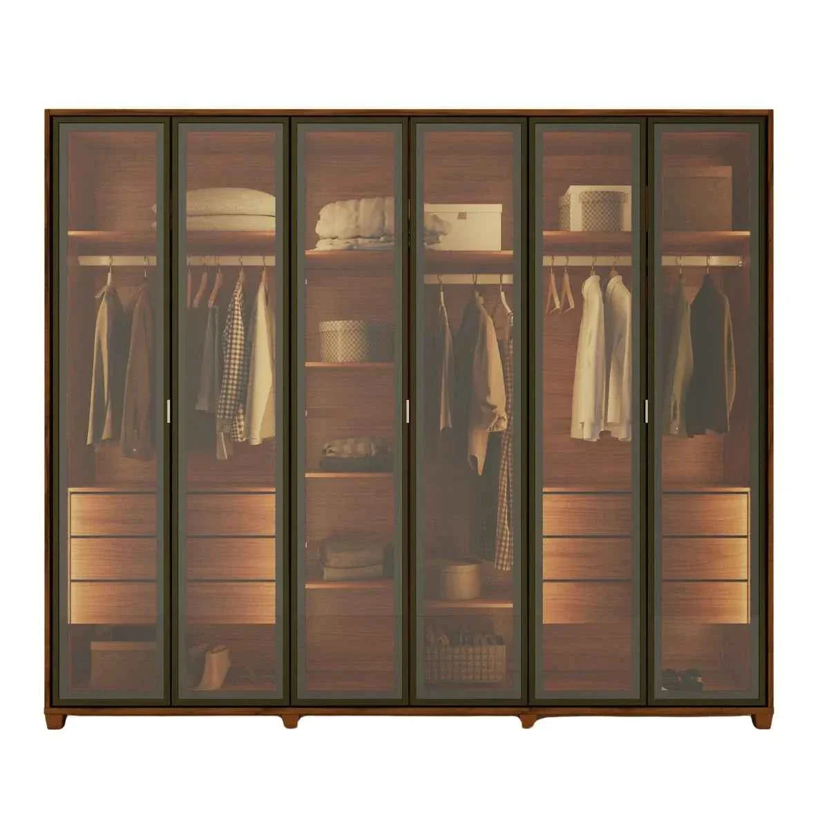 Guarda-Roupa Casal com 6 Portas Vidro Reflecta e LED 6 Gavetas Speculum 274 cm – Canella
