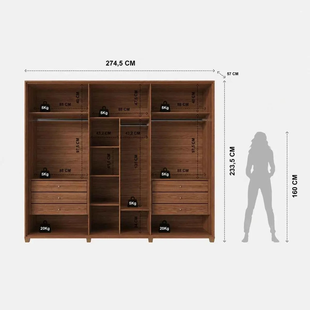 Guarda-Roupa Casal com 6 Portas Vidro Reflecta e LED 6 Gavetas Speculum 274 cm – Canella