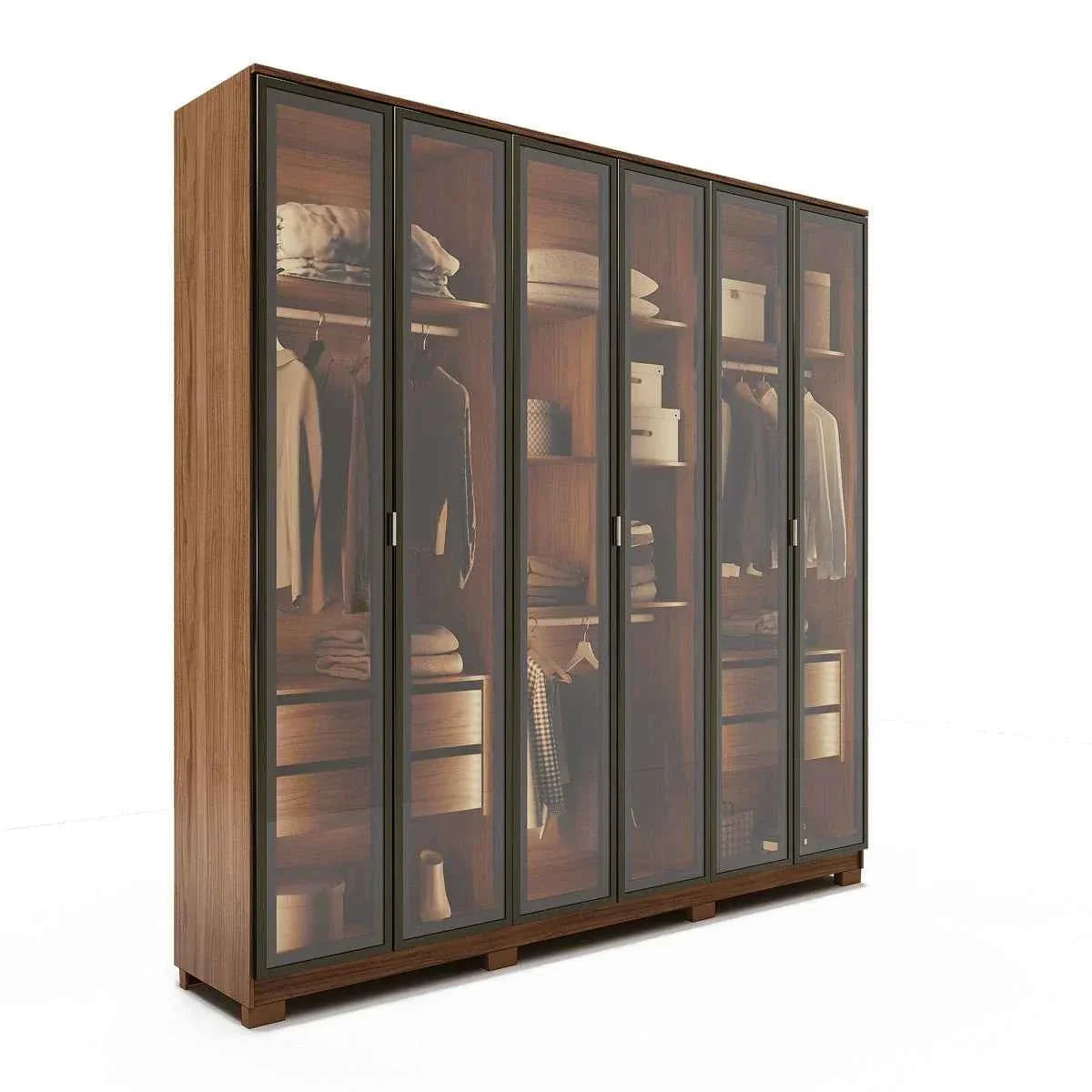 Guarda-Roupa Casal com 6 Portas Vidro Reflecta e LED 4 Gavetas Lucent 231 cm – Canella