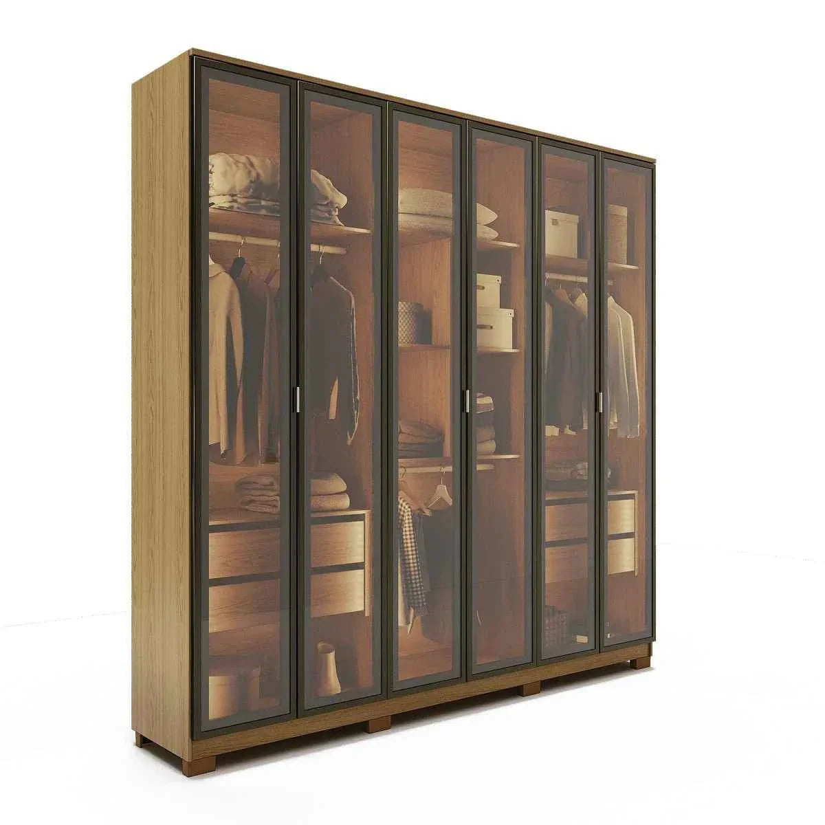 Guarda-Roupa Casal com 6 Portas Vidro Reflecta e LED 4 Gavetas Lucent 231 cm – Carvalho