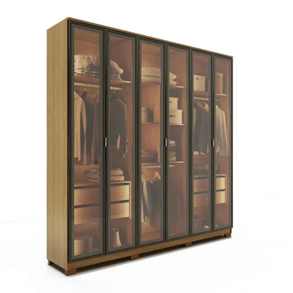 Guarda-Roupa Casal com 6 Portas Vidro Reflecta e LED 4 Gavetas Lucent 231 cm – Carvalho