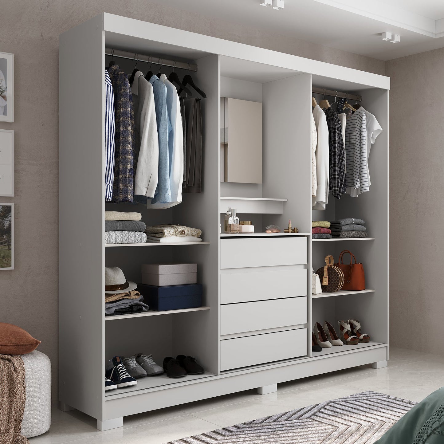Guarda-Roupa Casal com Espelho 2 Portas de Correr 4 Gavetas Finley 184 cm