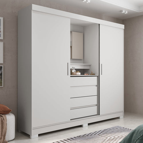 Guarda-Roupa Casal com Espelho 2 Portas de Correr 4 Gavetas Finley 184 cm - Branco