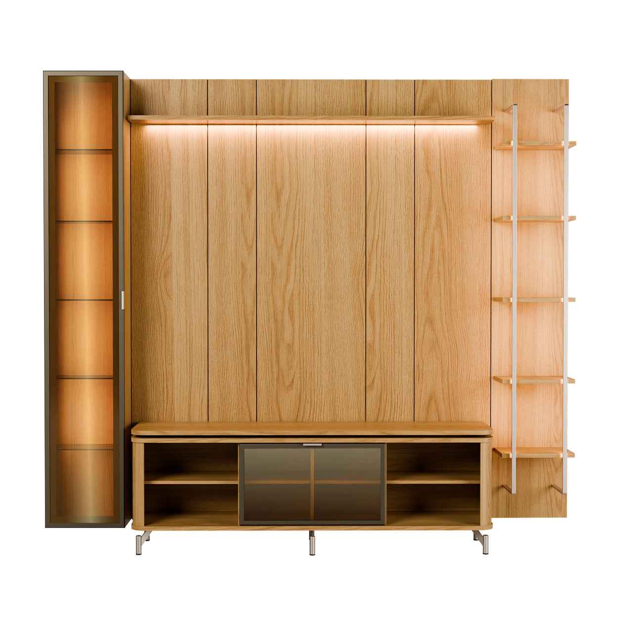 Rack com Painel para TV até 85" 6 Prateleiras e Cristaleira 1 Porta Vidro Reflecta e LED Lincoln Float 254cm – Carvalho c/ Champanhe