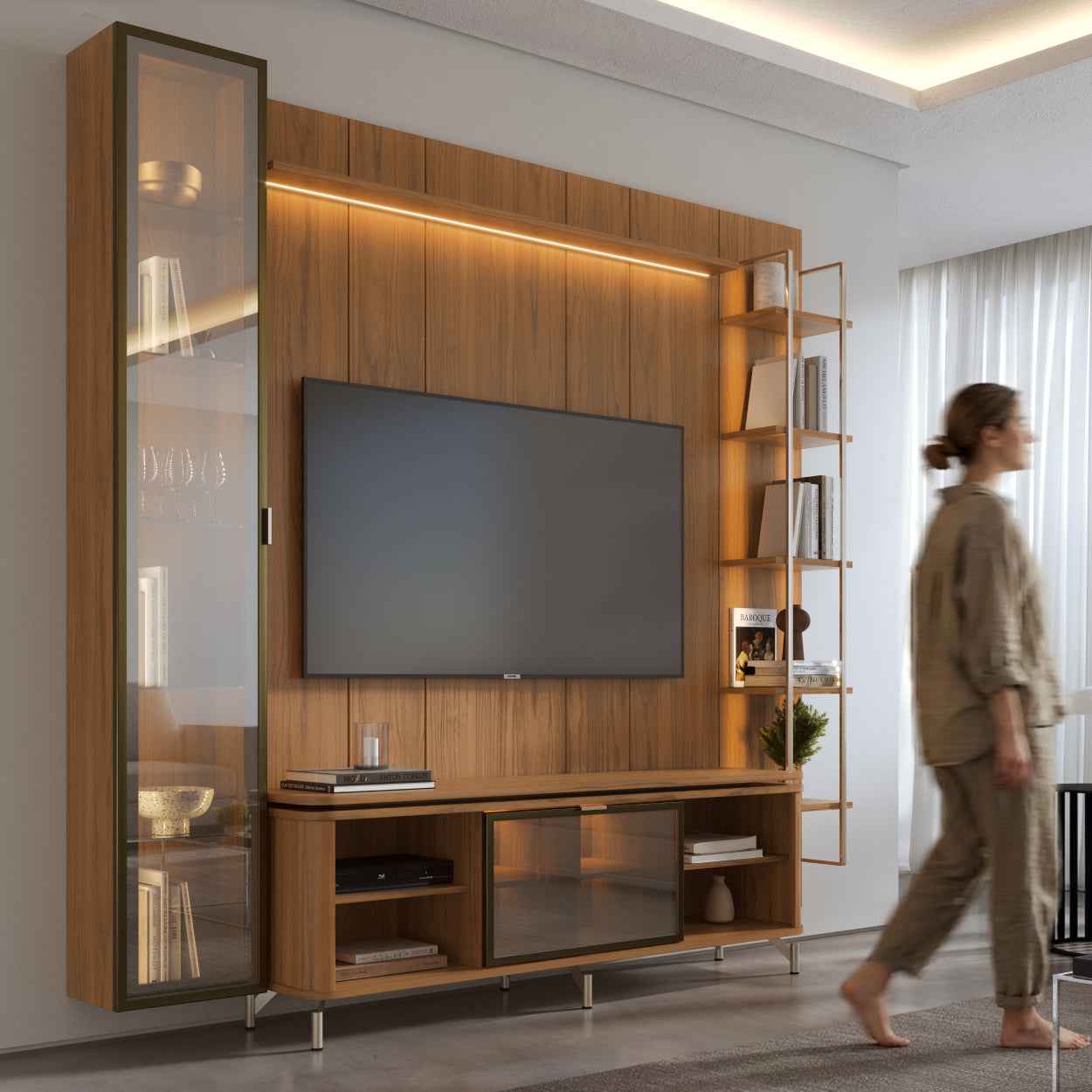 Rack com Painel para TV até 85" 6 Prateleiras e Cristaleira 1 Porta Vidro Reflecta e LED Lincoln Float 254cm - Canella c/ Champanhe