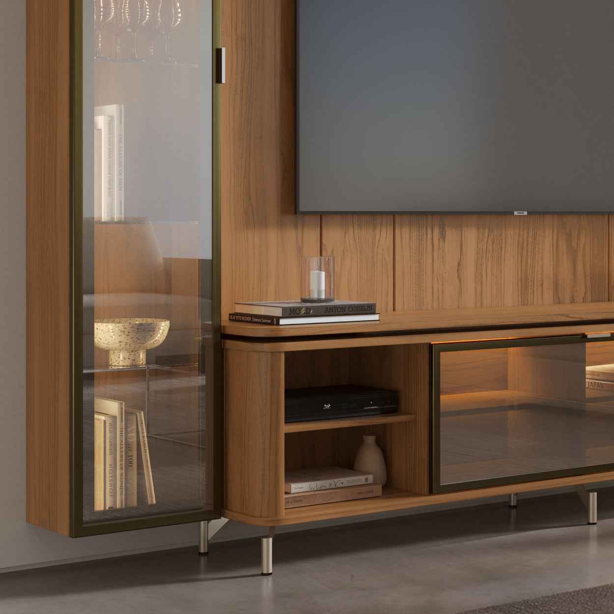 Rack com Painel para TV até 85" 6 Prateleiras e Cristaleira 1 Porta Vidro Reflecta e LED Lincoln Float 254cm - Canella c/ Champanhe