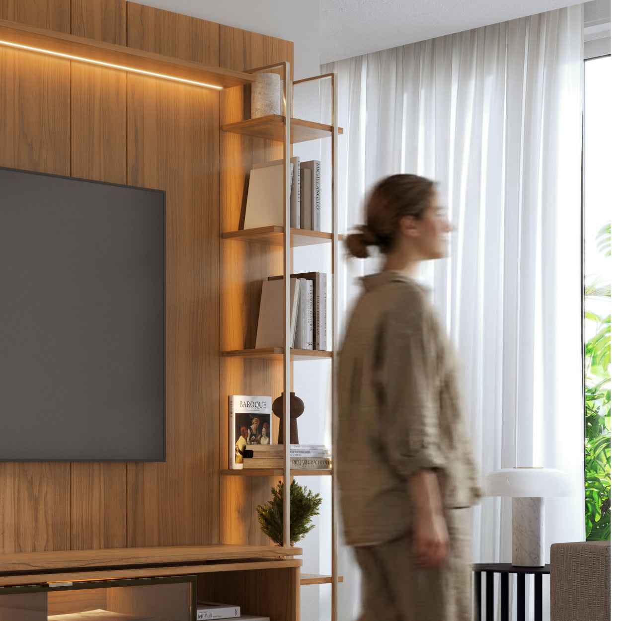 Rack com Painel para TV até 85" 6 Prateleiras e Cristaleira 1 Porta Vidro Reflecta e LED Lincoln Float 254cm - Canella c/ Champanhe