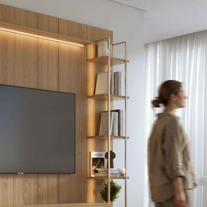 Rack com Painel para TV até 85" 6 Prateleiras e Cristaleira 1 Porta Vidro Reflecta e LED Lincoln Float 254cm – Carvalho c/ Champanhe