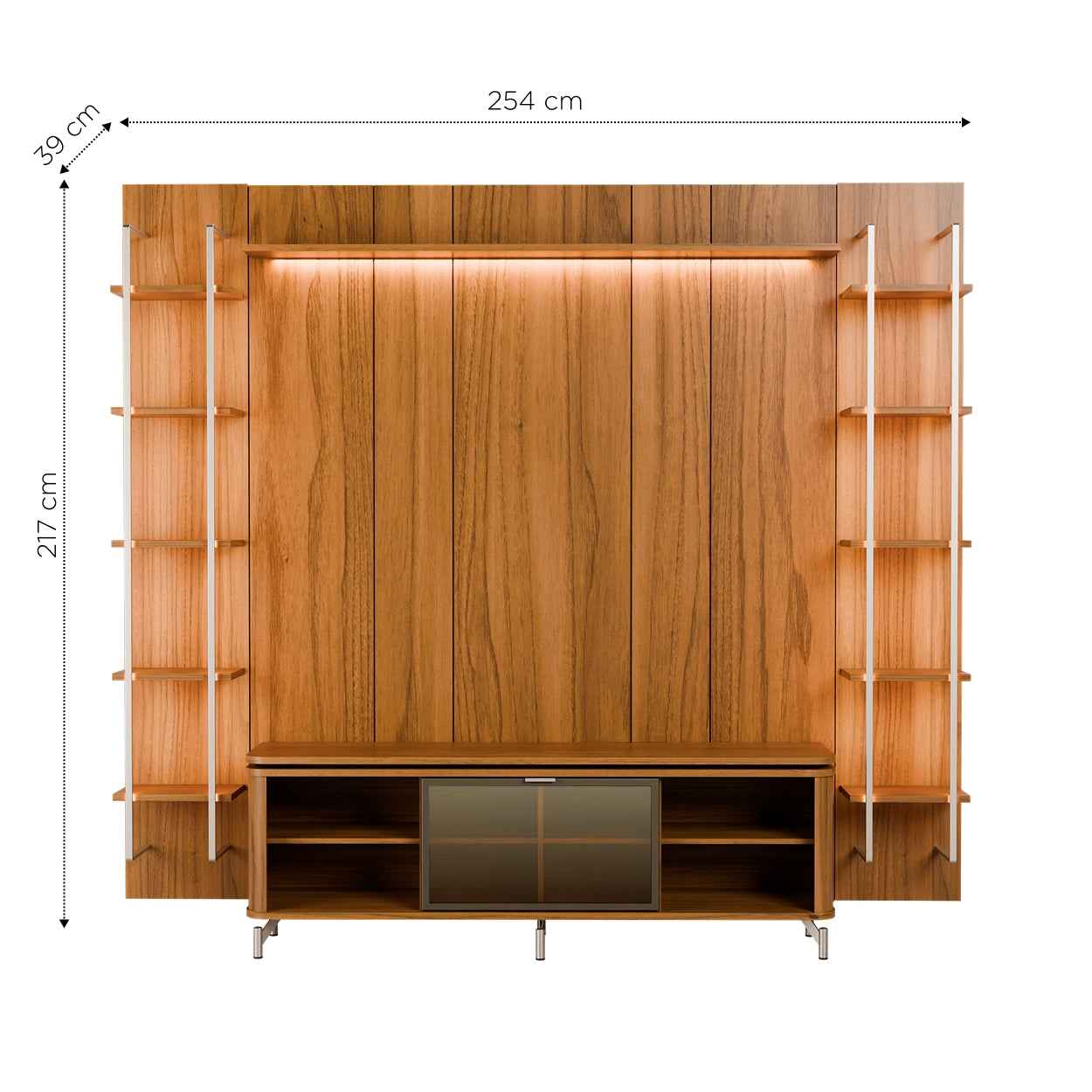 Rack com Painel para TV até 85" 11 Prateleiras e LED Lincoln Float 254cm – Canella c/ Champanhe