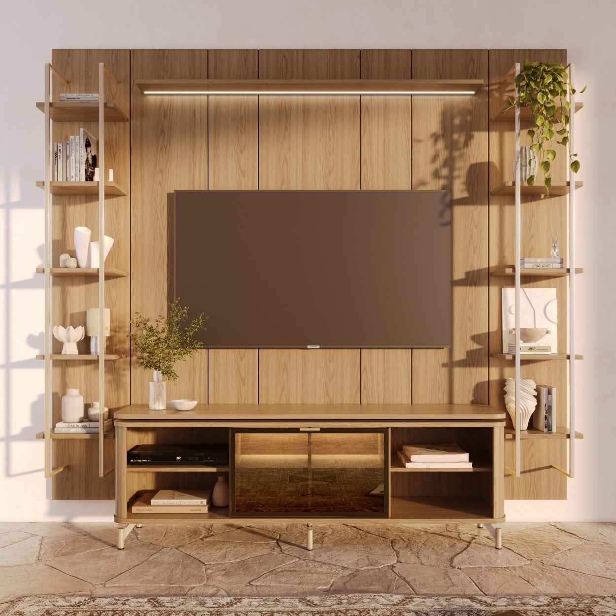 Rack com Painel para TV até 85" 11 Prateleiras e LED Lincoln Float 254cm – Carvalho c/ Champanhe