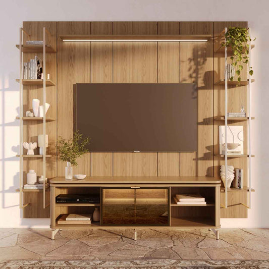 Rack com Painel para TV até 85" 11 Prateleiras e LED Lincoln Float 254cm – Carvalho c/ Champanhe