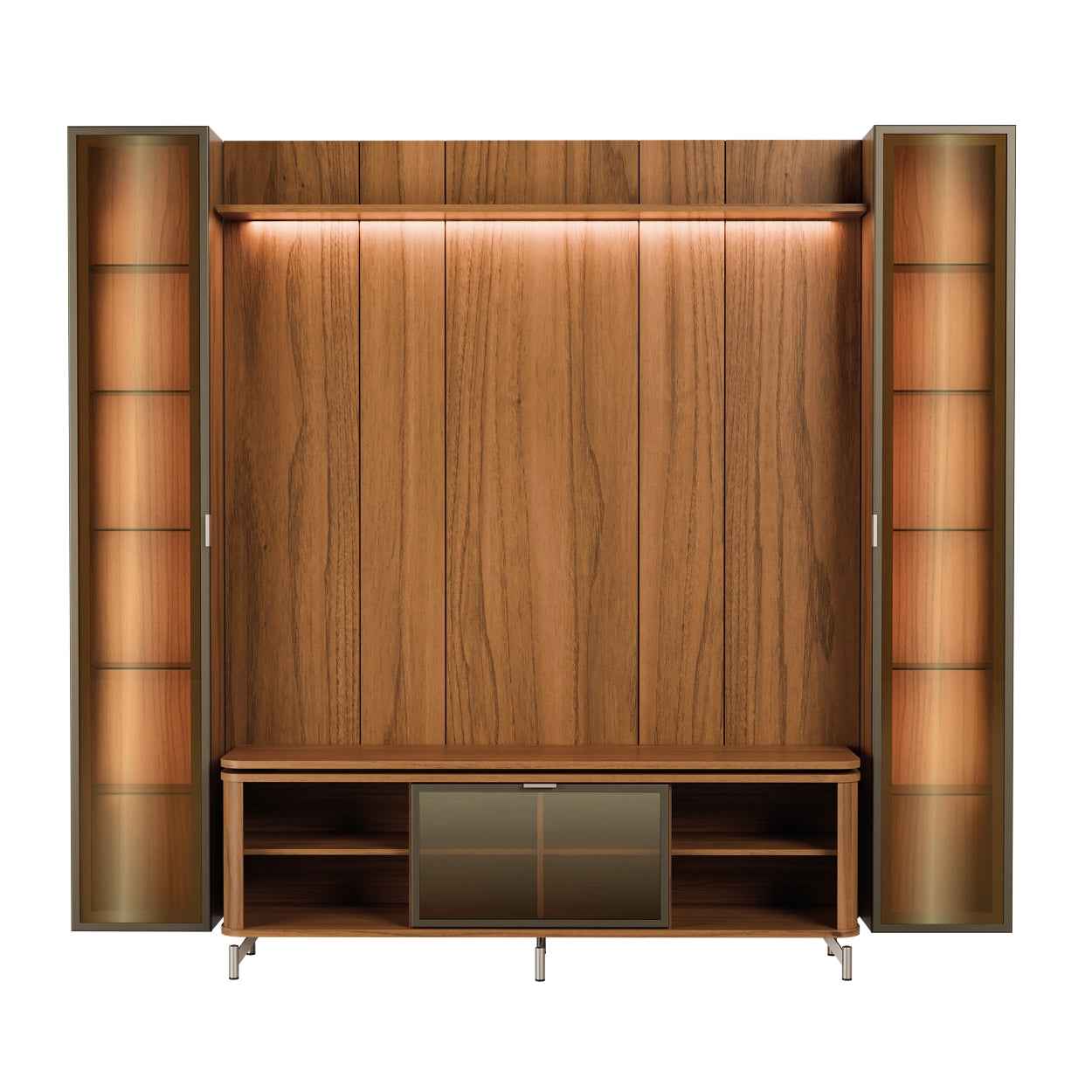 Rack com Painel para TV até 85" 2 Cristaleiras Vidro Reflecta e LED Lincoln Float 254cm – Canella c/ Champanhe