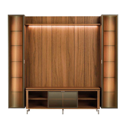 Rack com Painel para TV até 85" 2 Cristaleiras Vidro Reflecta e LED Lincoln Float 254cm – Canella c/ Champanhe