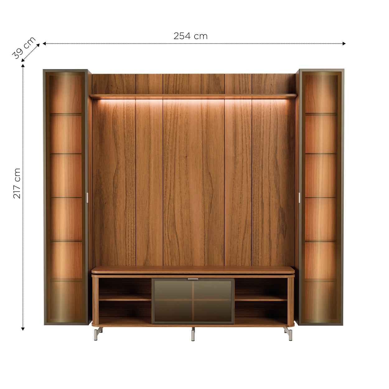 Rack com Painel para TV até 85" 2 Cristaleiras Vidro Reflecta e LED Lincoln Float 254cm – Canella c/ Champanhe