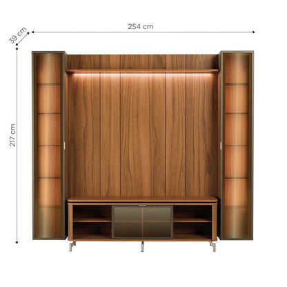 Rack com Painel para TV até 85" 2 Cristaleiras Vidro Reflecta e LED Lincoln Float 254cm – Canella c/ Champanhe