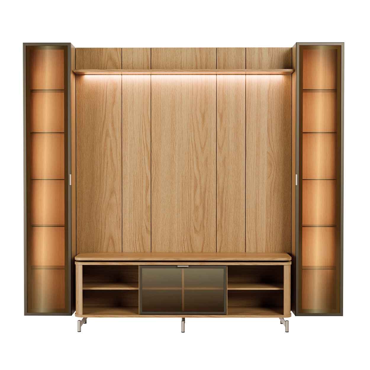 Rack com Painel para TV até 85" 2 Cristaleiras Vidro Reflecta e LED Lincoln Float 254cm – Carvalho c/ Champanhe