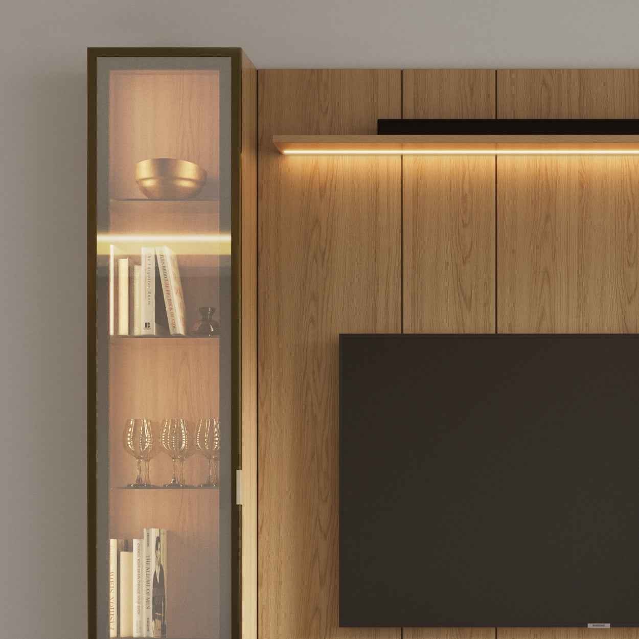 Rack com Painel para TV até 85" 2 Cristaleiras Vidro Reflecta e LED Lincoln Float 254cm – Carvalho c/ Champanhe