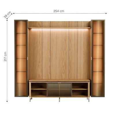 Rack com Painel para TV até 85" 2 Cristaleiras Vidro Reflecta e LED Lincoln Float 254cm – Carvalho c/ Champanhe