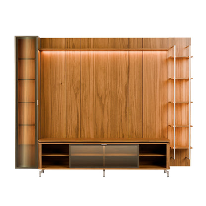 Rack com Painel para TV até 85" 6 Prateleiras e Cristaleira 1 Porta Vidro Reflecta e LED Neon Float 291cm - Canella c/ Champanhe