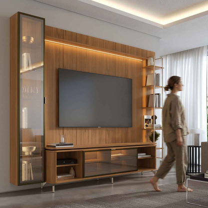 Rack com Painel para TV até 85" 6 Prateleiras e Cristaleira 1 Porta Vidro Reflecta e LED Lincoln Float 291cm – Canella c/ Champanhe