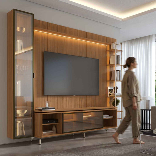 Rack com Painel para TV até 85" 6 Prateleiras e Cristaleira 1 Porta Vidro Reflecta e LED Neon Float 291cm - Canella c/ Champanhe