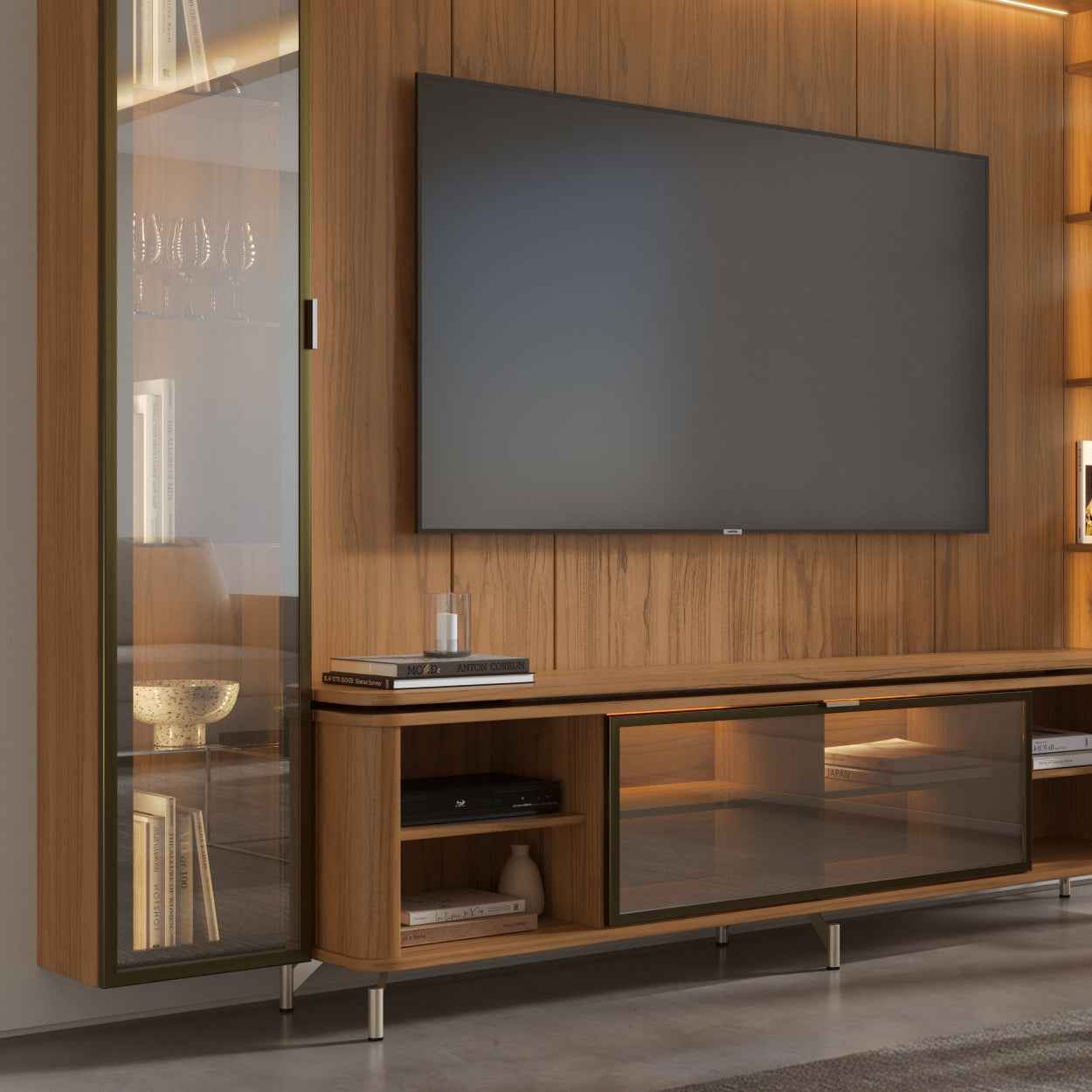 Rack com Painel para TV até 85" 6 Prateleiras e Cristaleira 1 Porta Vidro Reflecta e LED Neon Float 291cm - Canella c/ Champanhe