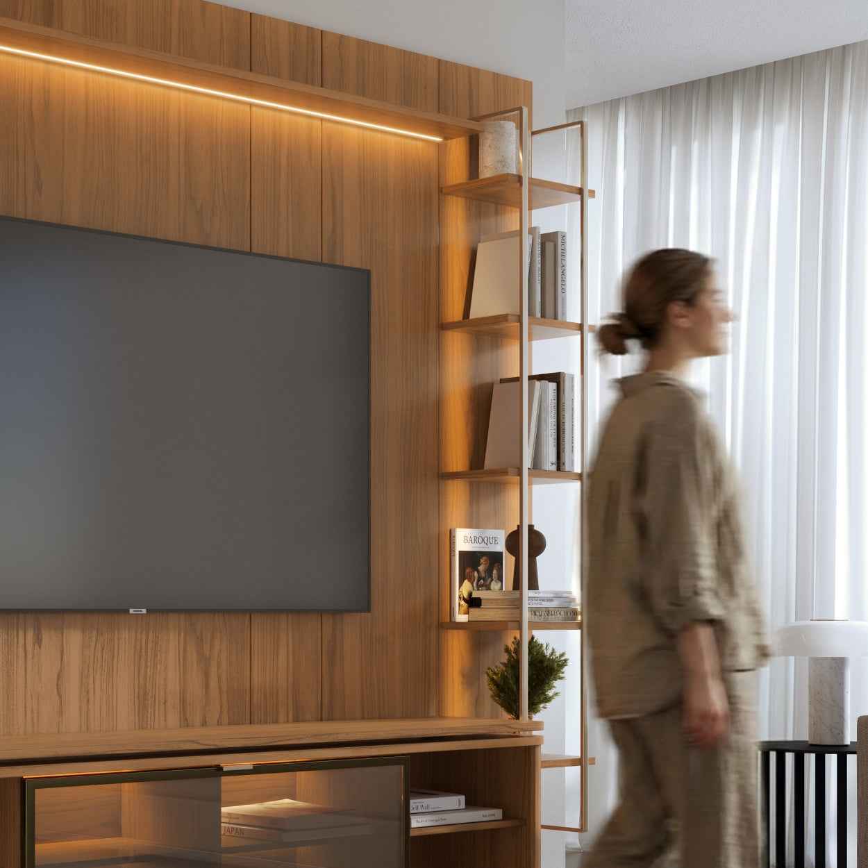 Rack com Painel para TV até 85" 6 Prateleiras e Cristaleira 1 Porta Vidro Reflecta e LED Lincoln Float 291cm – Canella c/ Champanhe