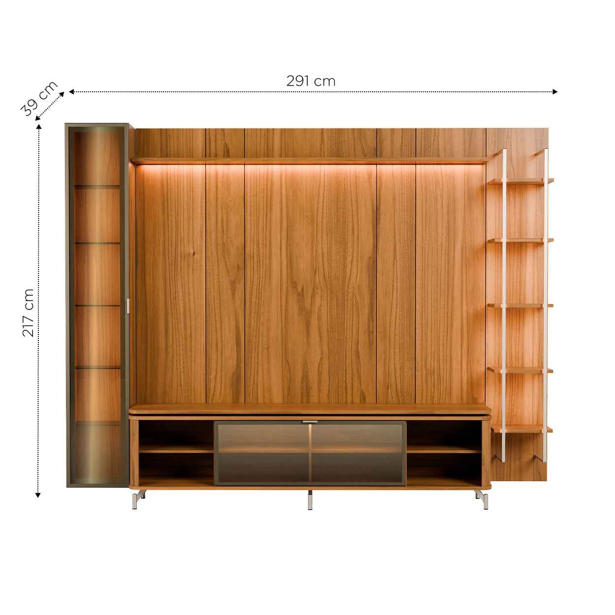 Rack com Painel para TV até 85" 6 Prateleiras e Cristaleira 1 Porta Vidro Reflecta e LED Neon Float 291cm - Canella c/ Champanhe