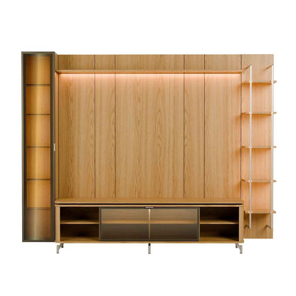 Rack com Painel para TV até 85" 6 Prateleiras e Cristaleira 1 Porta Vidro Reflecta e LED Lincoln Float 291cm – Carvalho c/ Champanhe
