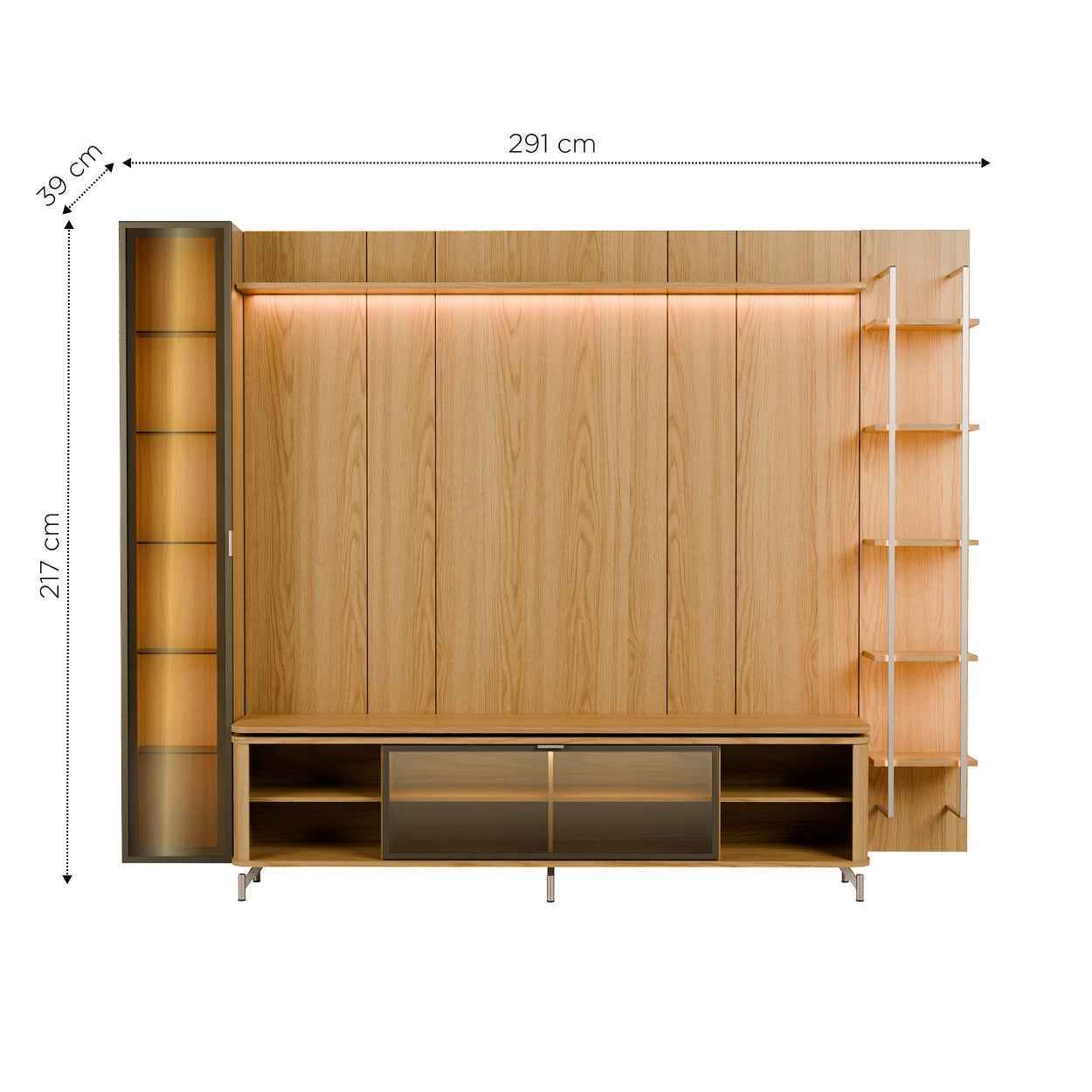 Rack com Painel para TV até 85" 6 Prateleiras e Cristaleira 1 Porta Vidro Reflecta e LED Lincoln Float 291cm – Carvalho c/ Champanhe