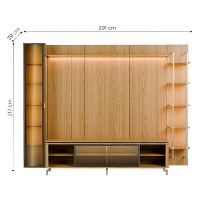 Rack com Painel para TV até 85" 6 Prateleiras e Cristaleira 1 Porta Vidro Reflecta e LED Neon Float 291cm – Carvalho c/ Champanhe