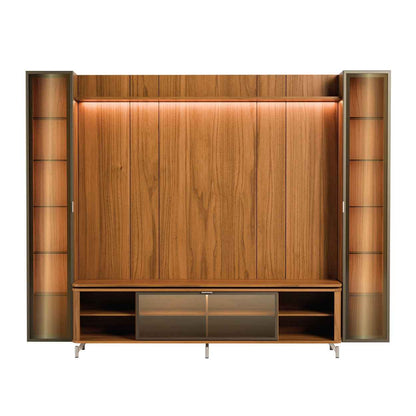 Rack com Painel para TV até 85" 2 Cristaleiras Vidro Reflecta e LED Lincoln Float 291cm – Canella c/ Champanhe