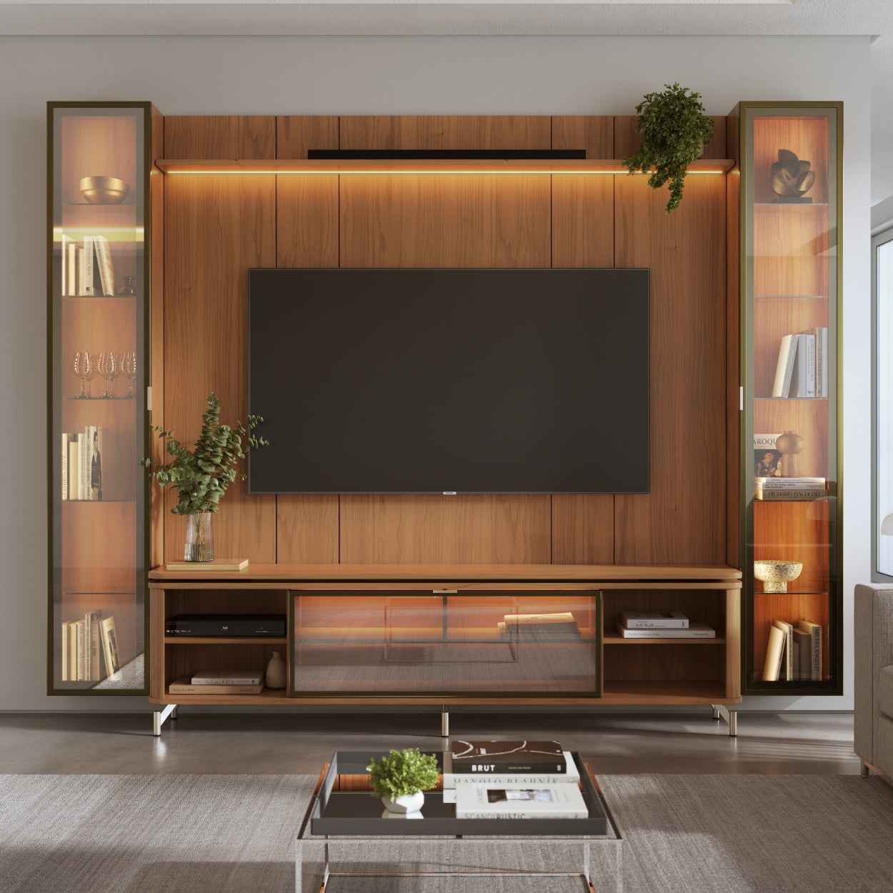 Rack com Painel para TV até 85" 2 Cristaleiras Vidro Reflecta e LED Lincoln Float 291cm – Canella c/ Champanhe