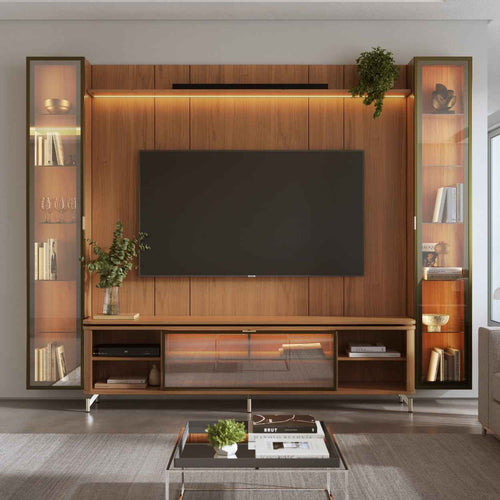 Rack com Painel para TV até 85" 2 Cristaleiras Vidro Reflecta e LED Lincoln Float 291cm – Canella c/ Champanhe