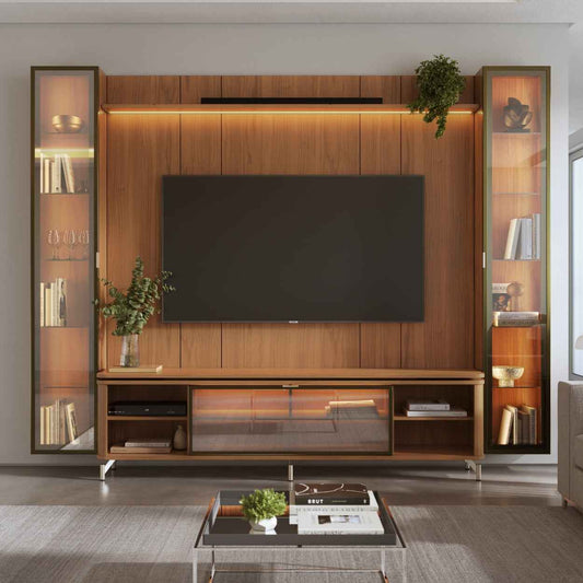 Rack com Painel para TV até 85" 2 Cristaleiras Vidro Reflecta e LED Lincoln Float 291cm – Canella c/ Champanhe