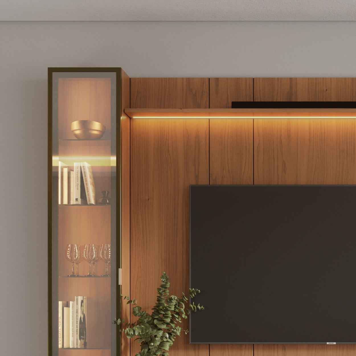 Rack com Painel para TV até 85" 2 Cristaleiras Vidro Reflecta e LED Neon Float 291cm - Canella c/ Champanhe
