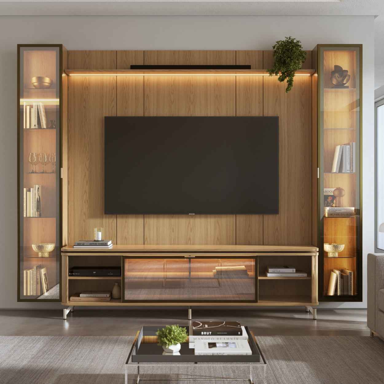 Rack com Painel para TV até 85" 2 Cristaleiras Vidro Reflecta e LED Lincoln Float 291cm – Carvalho c/ Champanhe