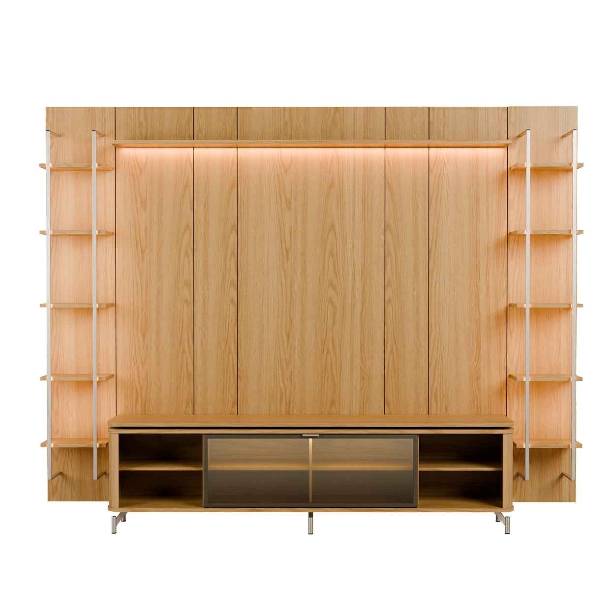 Rack com Painel para TV até 85" 11 Prateleiras e LED Lincoln Float 291cm – Carvalho c/ Champanhe