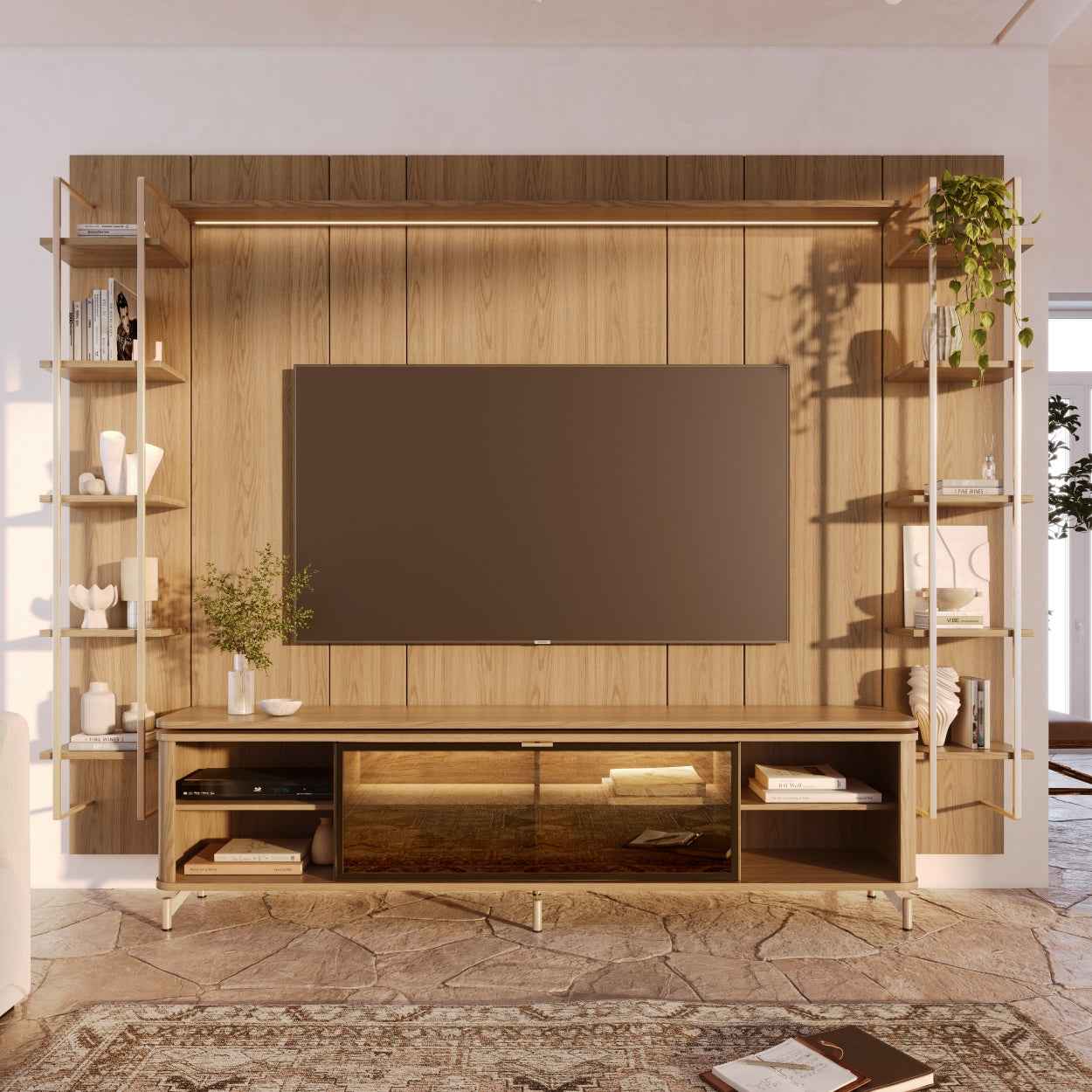 Rack com Painel para TV até 85" 11 Prateleiras e LED Lincoln Float 291cm – Carvalho c/ Champanhe