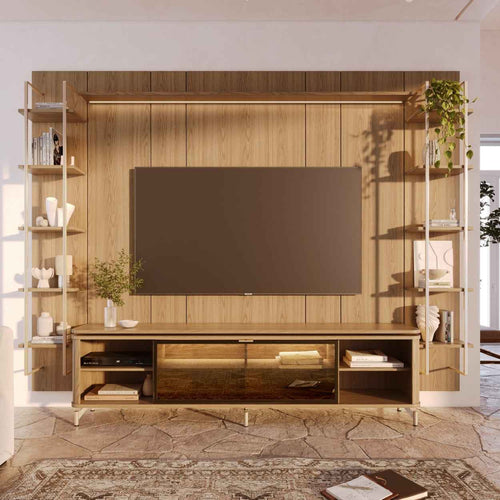 Rack com Painel para TV até 85" 11 Prateleiras e LED Lincoln Float 291cm – Carvalho c/ Champanhe
