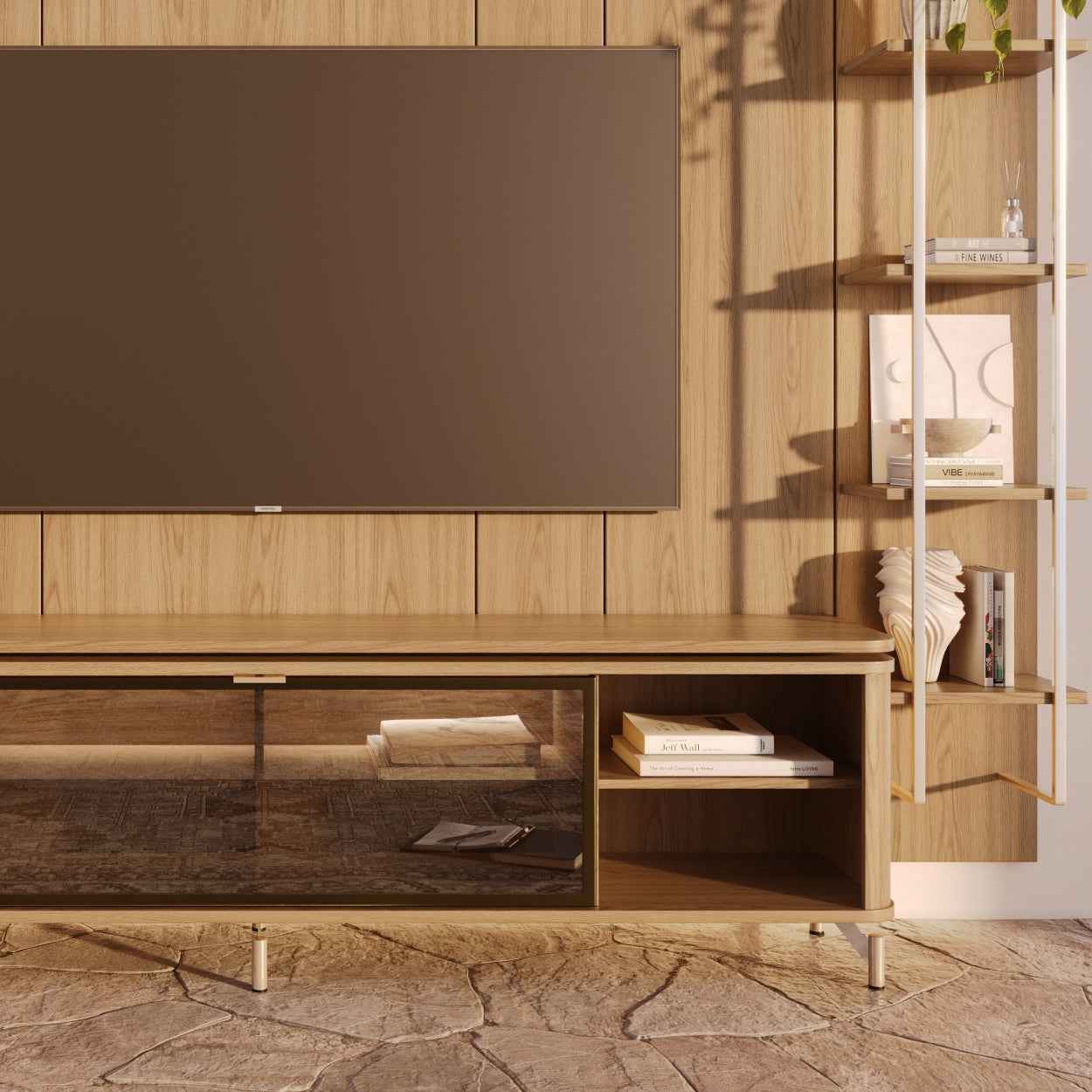 Rack com Painel para TV até 85" 11 Prateleiras e LED Lincoln Float 291cm – Carvalho c/ Champanhe