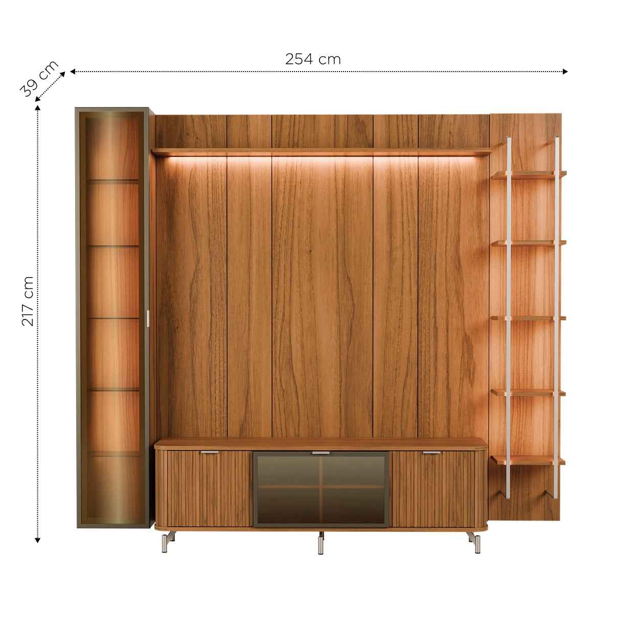 Rack com Painel para TV até 85" 6 Prateleiras e Cristaleira 1 Porta Vidro Reflecta e LED Neon Float 254cm - Canella c/ Champanhe