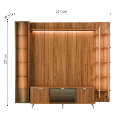 Rack com Painel para TV até 85" 6 Prateleiras e Cristaleira 1 Porta Vidro Reflecta e LED Neon Float 254cm - Canella c/ Champanhe
