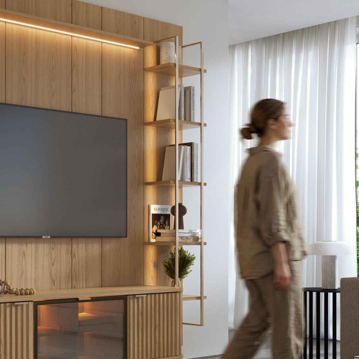Rack com Painel para TV até 85" 6 Prateleiras e Cristaleira 1 Porta Vidro Reflecta e LED Neon Float 254cm – Carvalho c/ Champanhe